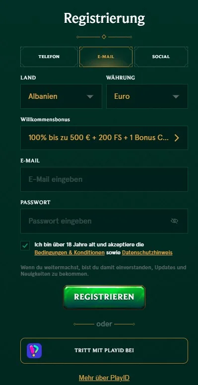 Casinia Casino Registrierung